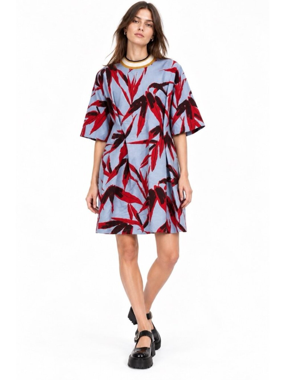 MARNI XS 2 38 blue red botanical print dress pleated shift mini cotton silk